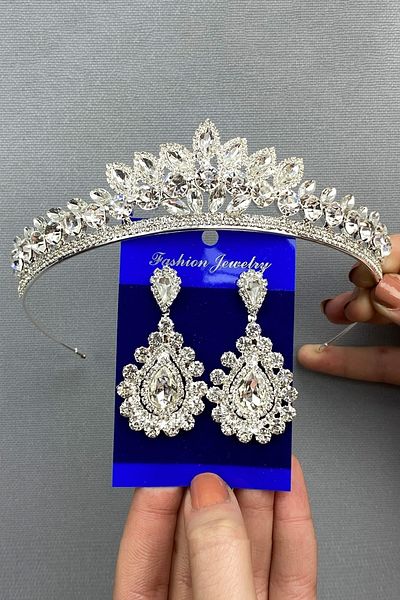 Hobigram Leyn Model Silver Color Crown and Drop Earring Set