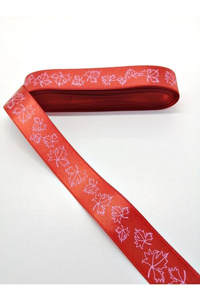 Hobigram Panglică din satin cu model de frunze roșii 2,5 cm 1 metru – Panglică, design elegant, accesoriu pentru femei – Panglică