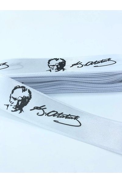 Hobigram Сатенена панделка с шарка на Ататюрк, ширина 3 см, цена 1 метър – панделка, стилен дизайн, дамски аксесоар