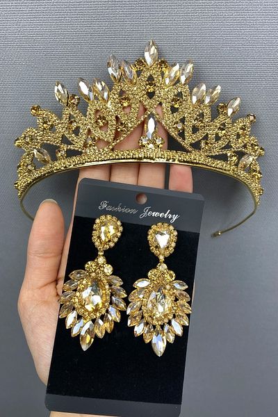 Hobigram Honey Colored Liya Bridal Crown and Earring Set