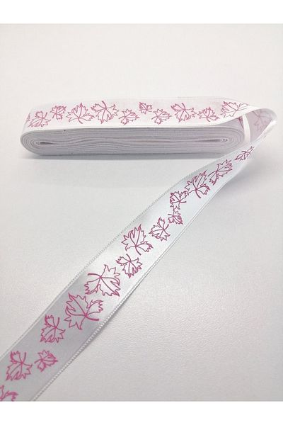 Hobigram Σατέν κορδέλα με μοτίβο λευκού φύλλου 2,5 cm 1 μέτρο – Κορδέλα, Κομψό Σχέδιο, Γυναικείο Αξεσουάρ – Κορδέλα
