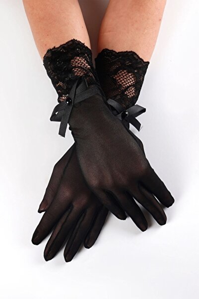 Hobigram Düğün Malzemesi Siyah Bileği Dantelli Ve Fiyonklu Gelin Eldiveni – D...