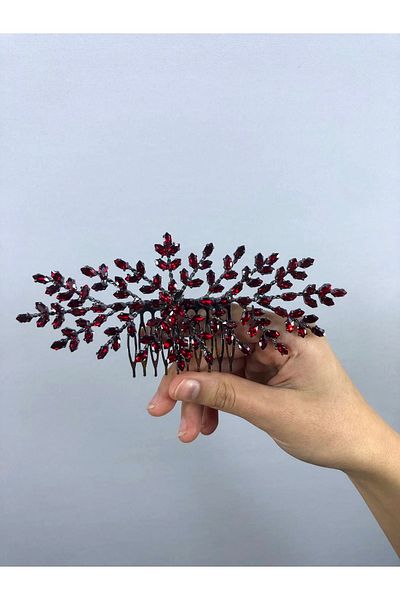 Hobigram Agrafă de păr cu model de ramuri de burgundă și piatră – Coroană, piatră de cristal, model elegant, coroană de mireasă – Coroană