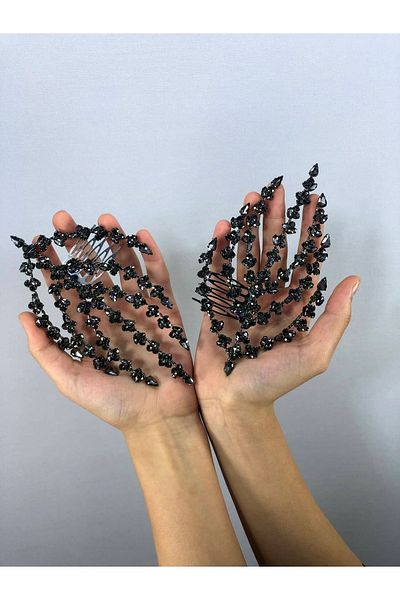 Hobigram Accesoriu de păr cu model de frunze dublu antracit – Coroană, piatră de cristal, model elegant, coroană de mireasă – coroană
