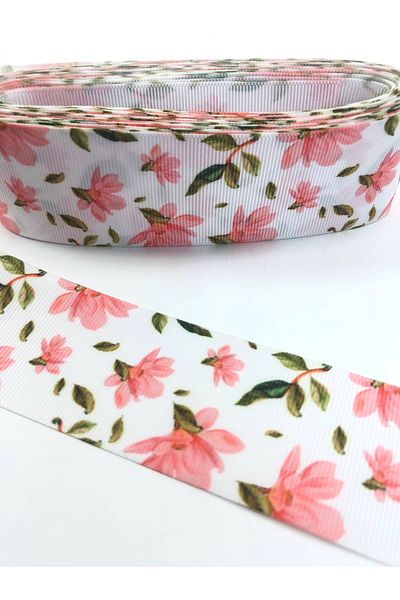Hobigram Ανοιχτό ροζ λευκό λουλούδι μοτίβο Grosgrain κορδέλα – Κορδέλα, κομψό σχέδιο, γυναικείο αξεσουάρ – κορδέλα