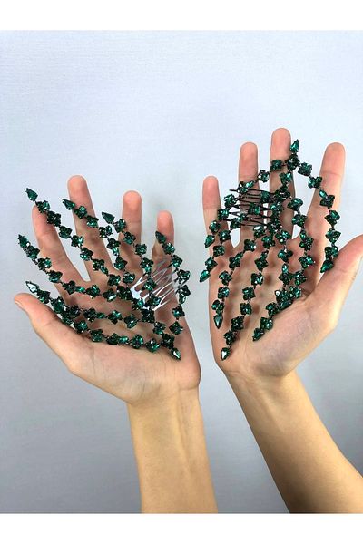 Hobigram Accesoriu de păr verde cu model de frunze pe două fețe – Coroană, piatră de cristal, model elegant, coroană de mireasă – coroană