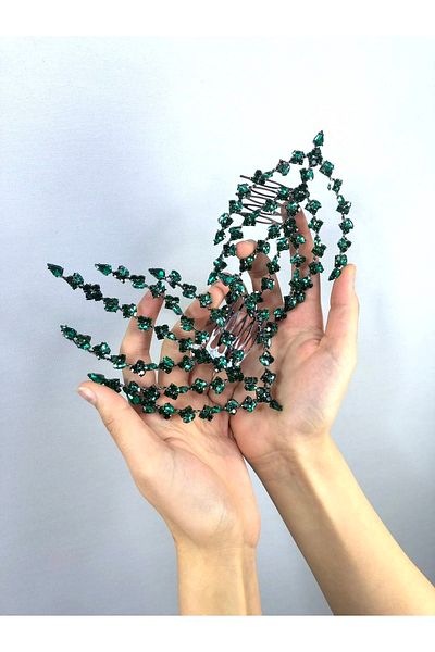 Hobigram Accesoriu de păr verde cu model de frunze pe două fețe – Coroană, piatră de cristal, model elegant, coroană de mireasă – coroană