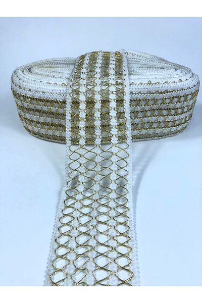 Hobigram Κρεμ Glitter Gold Four Stripe Cross Detailed Decorative Ribbon – Διακοσμητική κορδέλα, κομψό σχέδιο
