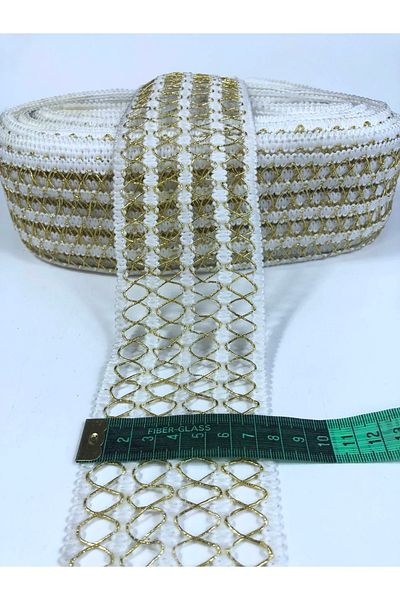 Hobigram Κρεμ Glitter Gold Four Stripe Cross Detailed Decorative Ribbon – Διακοσμητική κορδέλα, κομψό σχέδιο