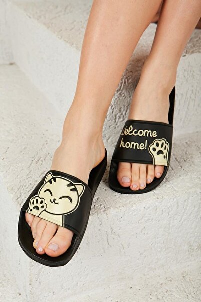 ALTUNTAŞ Yeni Sezon Kadın - Kız Çocuk Kedi Baskılı Welcome Home Terlik -