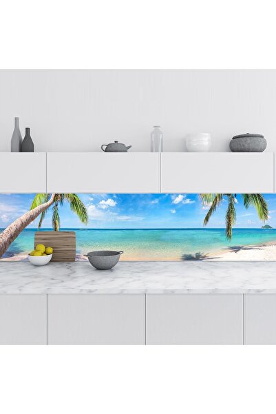 StickerArt Mutfak Tezgah Arası Folyo Fayans Kaplama Folyosu Tropikal Plaj 60x...