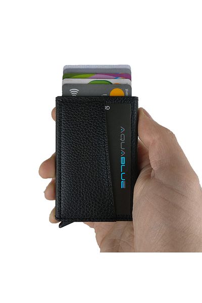 Aquablue Automatic Mechanism Aluminum Card Holder Rfid Protected Leather Card Holder Wallet
