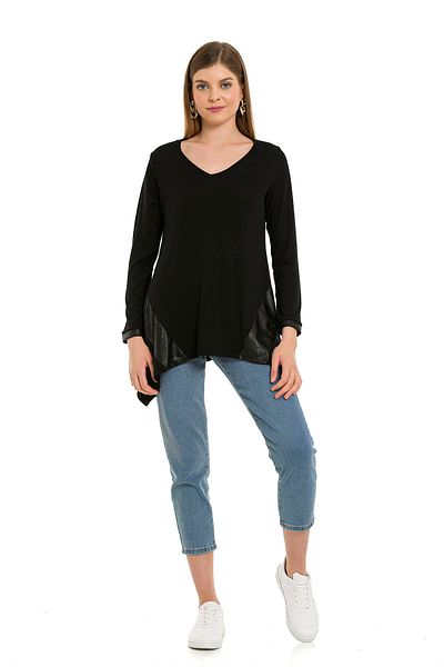EtkiModa Women's Black Asymmetric Tunic with Leather Garnished Side Skirt
