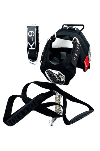 Tasma Market Siyah Kurt Başlı Türk Bayraklı K9 Köpek Tasma Gezdirme Boyun Seti