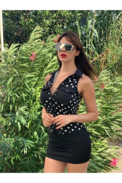 KAYAHAN COLLECTION Önü Çıtçıtlı Puantiyeli Sıfır Kol Gömlek