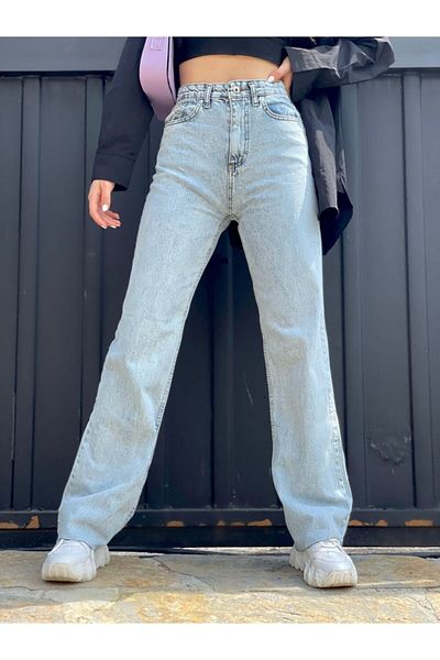 Trn JNS My 90's Light Snow Wash Blue Lycra Blugi largi cu talie super înaltă Pantaloni Palazzo