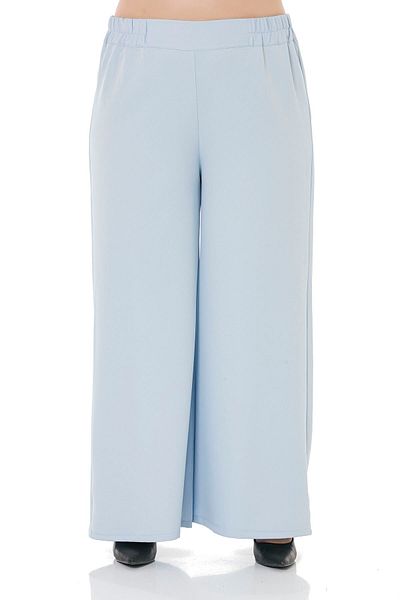 DISENTIS MODEST Plus Size Wide Leg Double Baby Blue Trousers with Elastic Waist, Sides and Back