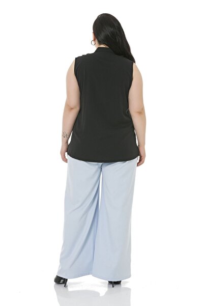 DISENTIS MODEST Plus Size Wide Leg Double Baby Blue Trousers with Elastic Waist, Sides and Back