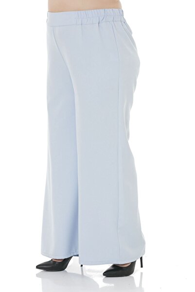 DISENTIS MODEST Plus Size Wide Leg Double Baby Blue Trousers with Elastic Waist, Sides and Back