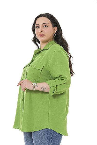 DISENTIS MODEST Πουκάμισο Plus Size γιακά Φιστίκι πράσινο πουκάμισο με διπλές τσέπες στο στήθος