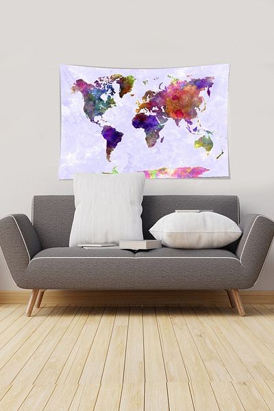 on the clouds Lilac-blue World Map Patterned Stain Resistant Velvet Fabric Wall Cloth Wall Carpet Tapestry