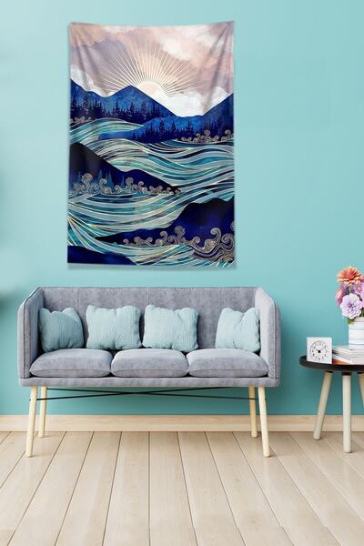 on the clouds Blue Moon Behind the Mountain Stain Resistant Velvet Fabric Wall Cover Wall Tapestry Tapestry