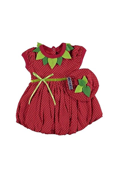 Babyrico Kız Bebek Kırmızı Şapkalı Bileklikli Yazlık Çilek Elbise K3303