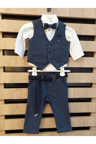 özk kids Özkan Kids 3552 Boy's Parliament Blue Ornamental Pocket Vest Set