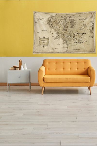 Latibule Beige Middle Earth Middle World Map Stain Resistant Velvet Fabric Wall Cloth Wall Carpet Tapestry