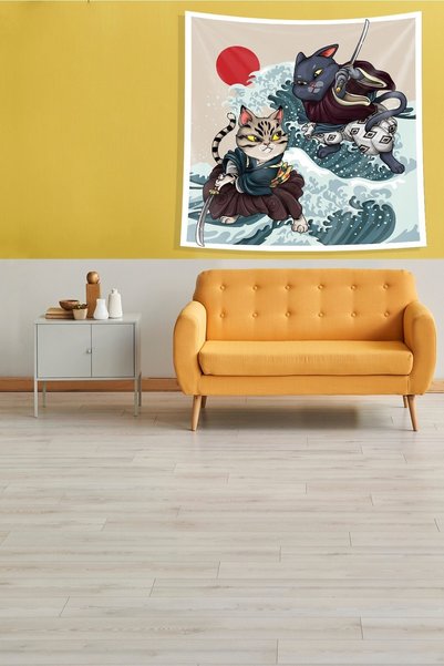 Latibule Bej Samurai Cats Stain Resistant Velvet Fabric Tapet Tapiserie Tapis...