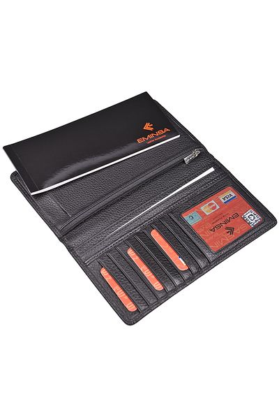 Eminsa Black Genuine Leather Unisex Cheque Wallet