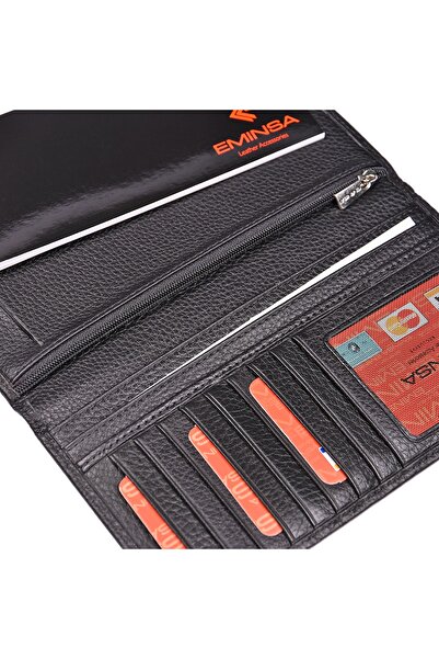 Eminsa Siyah Hakiki Deri Unisex Çek Cüzdanı