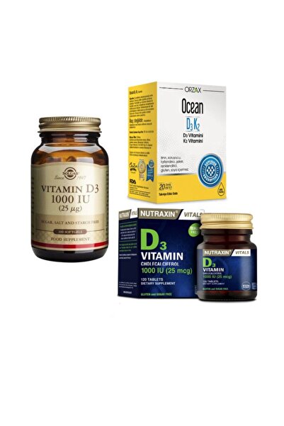 Solgar D3 Vitamini 1000 Iu 100 Kapsül+nutraxin D3 Vitamini 120 Tablet+ocean D3 K2 Vitamin Damla 20 Ml