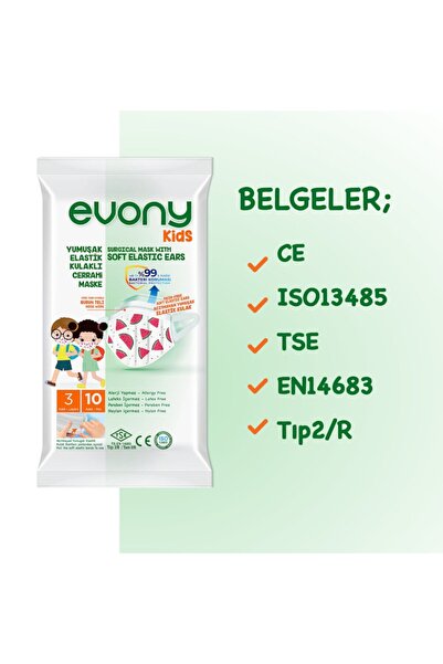 Evony Kids Yumuşak Elastik Kulaklı Renkli Çocuk Maskesi 5x50'li 250 Adet