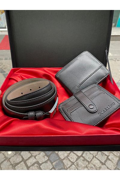 Carlino Men's Wallet Card Holder Belted Box Set - Black