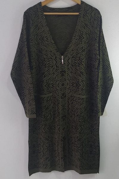Tuğra Women's Khaki Color V-Neck Patterned Zippered Large Size Jacket