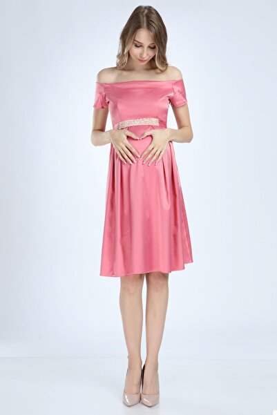 MODA LABİO Saten Incili Kısa Hamile Elbisesi Pembe