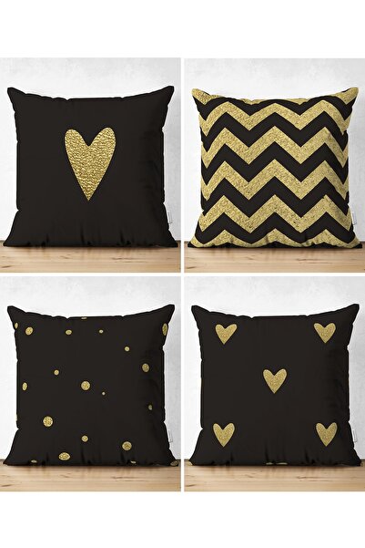 Realhomes 4'lü Çift Taraflı Siyah Zeminli Gold Detaylı Geometrik Desenli Mode...