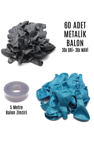 Lora Wedding 60 Pieces of Gray (silver) and Blue Mixed Metallic Balloons + 5 Meters Balloon Chain