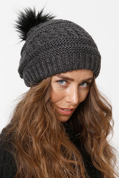 Vemod Women's Fur Pompom Lined Knitted Beret - Anthracite 91