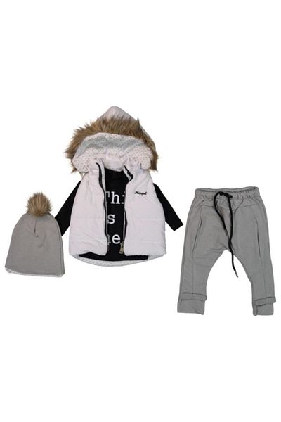 Hippıl Baby Baby Girl White Gray Hooded Puffer Vest Furry Set of 4