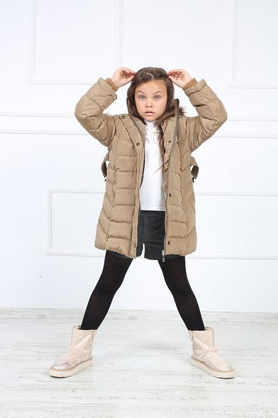 B&T Girl's Beige Plush Puffer Coat with Removable Belt