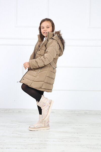 B&T Palton puf detasabil cu centură de pluș bej pentru fete