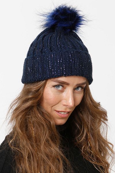 Vemod 75 Jewelled Folded Pompom Knitted Beanie - Navy Blue