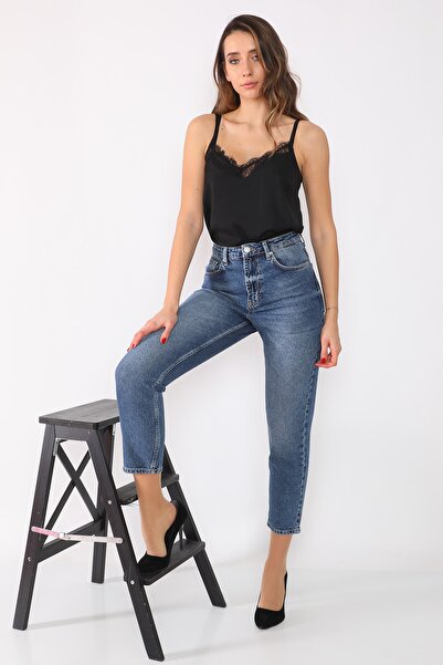 Darkly Jeans Kadın Koyu Mavi Yüksek Bel Vintage Mom Jeans