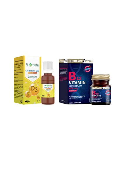 VeNatura Nutraxin Vitamin B12 1000 Mcg + Drop Vitamin D3 Food Supplement 20 Ml - 60 Linguistic Tablets