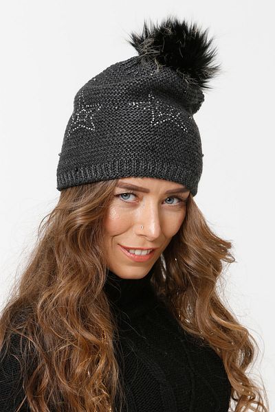 Vemod Star Patterned Stoned Pompom Knitwear Knitted Beret - Anthracite