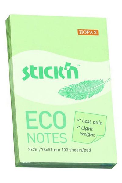 Hopax Stickn 76x51mm Eco Notes ورق ملاحظات لاصق باللون الأخضر الباستيل 100 ورقة (12 عبوة) 21744