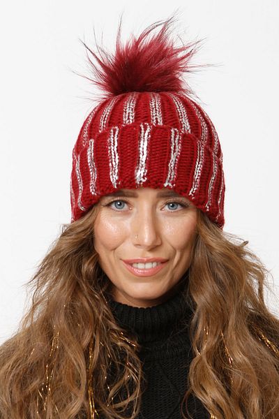 Vemod 75 Foil Printed Folded Pompom Knitwear Knitted Beret - Claret Red