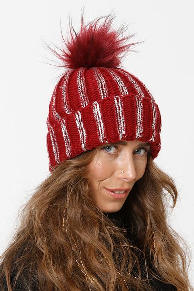 Vemod 75 Foil Printed Folded Pompom Knitwear Knitted Beret - Claret Red